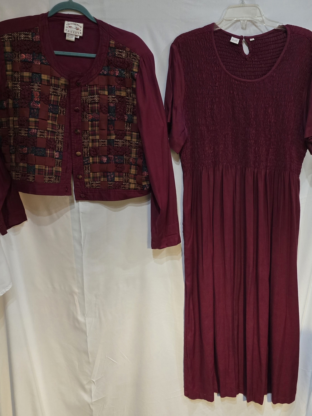 Vtg Country Wear Casuals Two-Piece Set Burgandy Cropped Jacket w/Maxi Dress PL